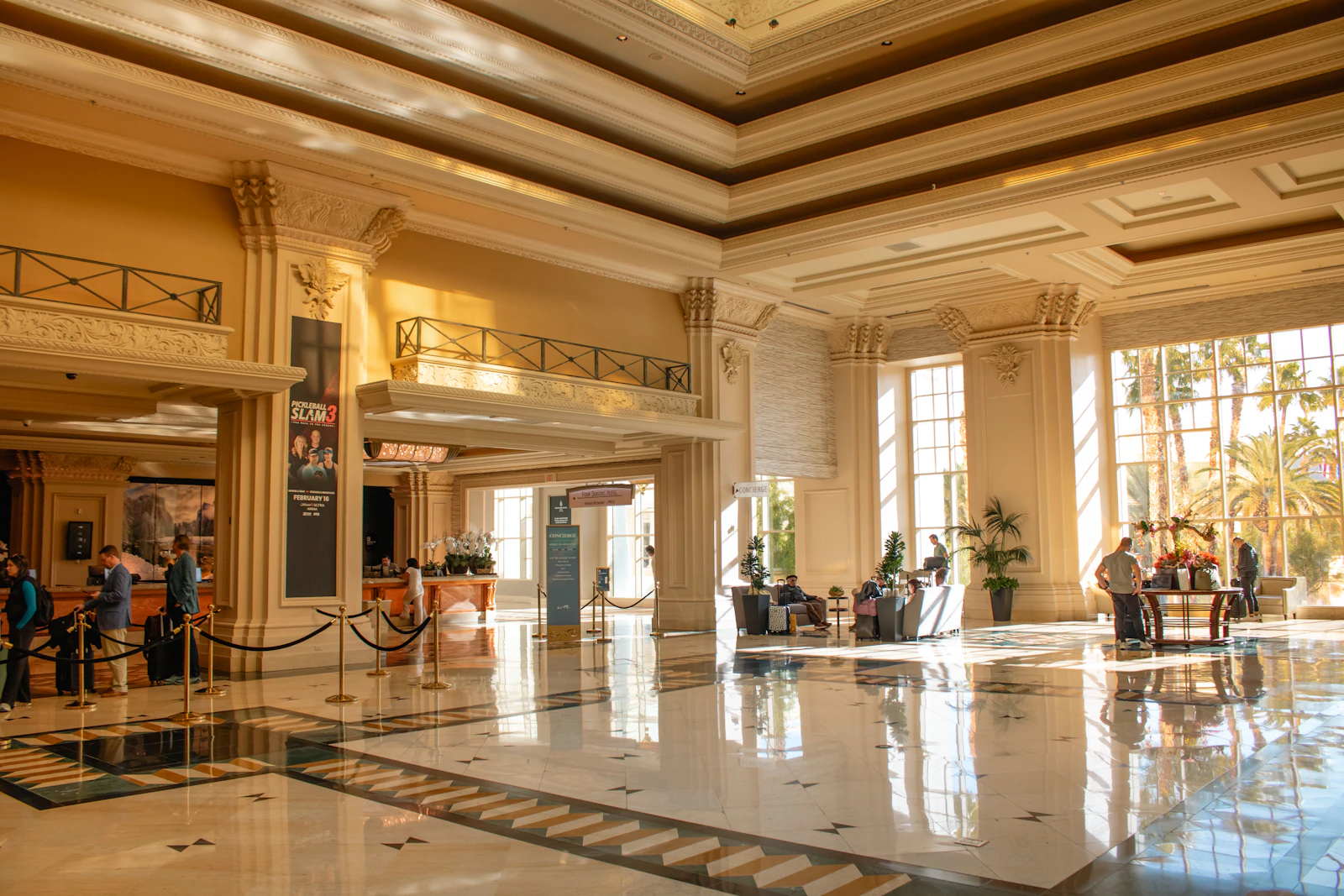 Luxury commercial hotel lobby interior with polished reflective wall finishes and seamless floor surfaces
