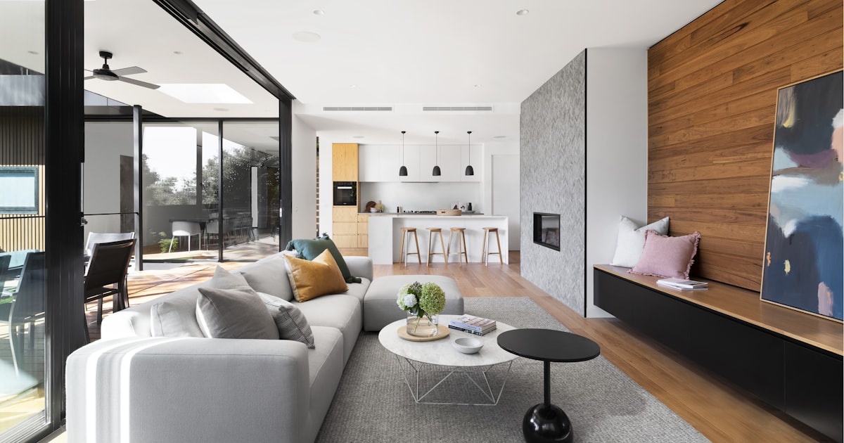 Contemporary interior with seamless polished floor in modern space